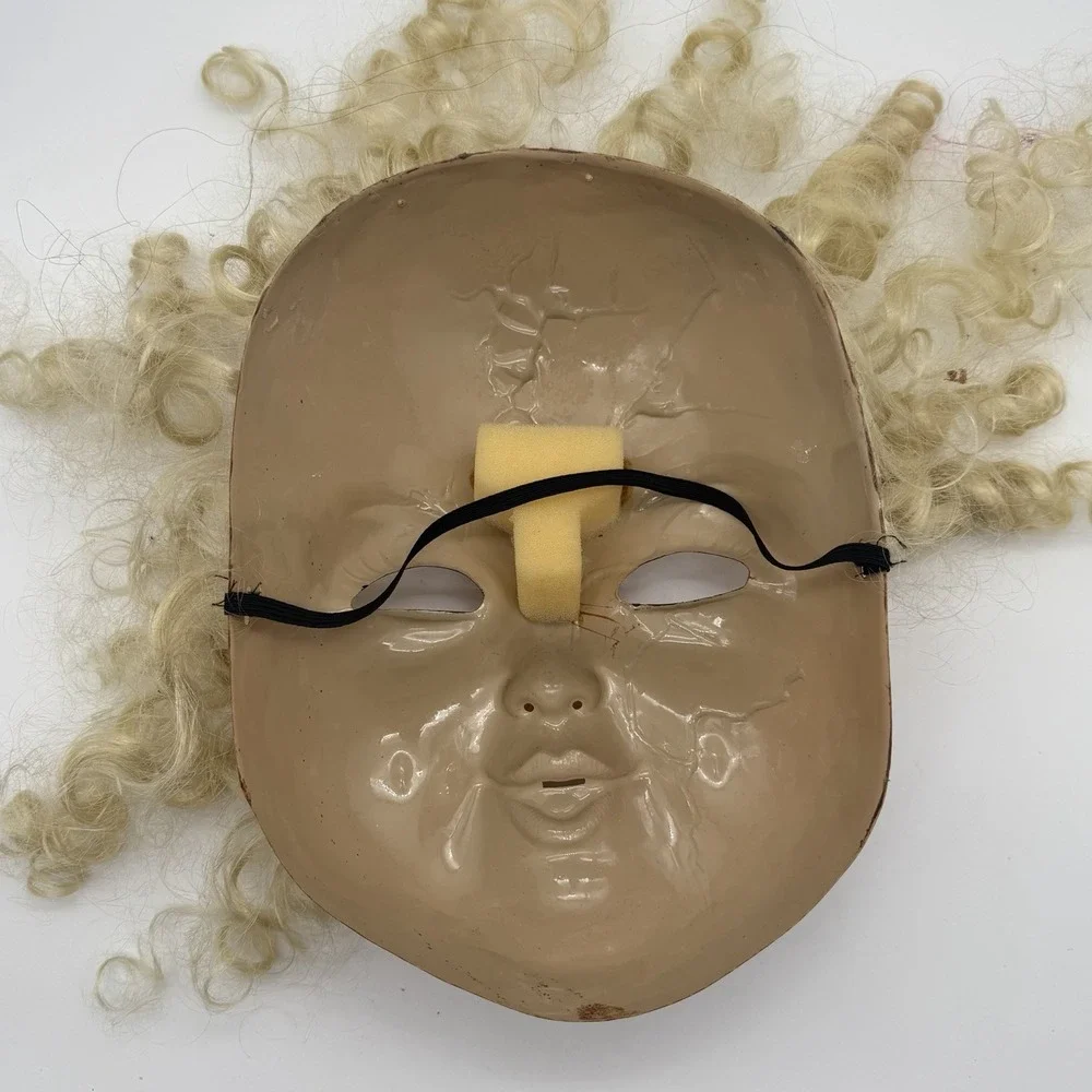 Creepy Cracked Doll Face Mask Blonde Hair Adult Halloween Horror Costume